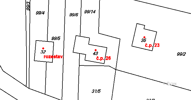 Maňová 26, Pernštejnské Jestřabí na parcele st. 43 v KÚ Maňová, Katastrální mapa