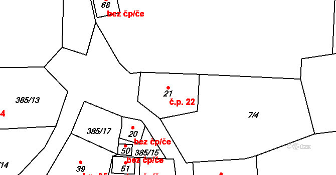 Jaroškov 22, Stachy na parcele st. 21 v KÚ Jaroškov, Katastrální mapa