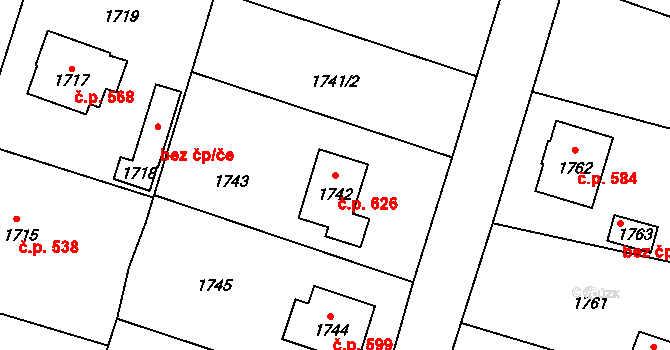 Lužná 626 na parcele st. 1742 v KÚ Lužná u Rakovníka, Katastrální mapa