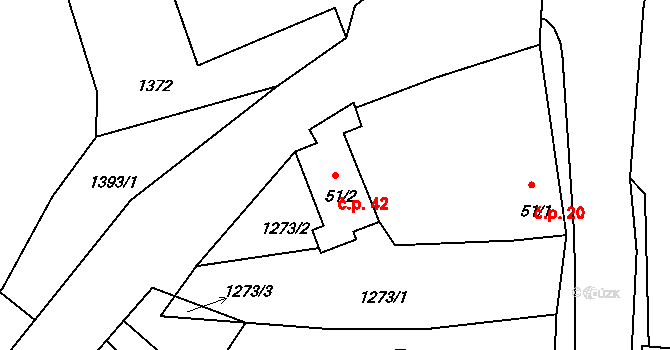 Srnín 42 na parcele st. 51/2 v KÚ Srnín, Katastrální mapa