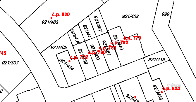 Hostavice 781, Praha na parcele st. 921/460 v KÚ Hostavice, Katastrální mapa