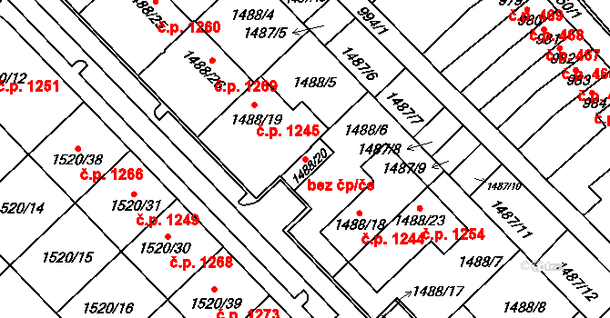 Rousínov 87143551 na parcele st. 1488/20 v KÚ Rousínov u Vyškova, Katastrální mapa