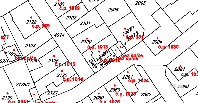 Louny 1012 na parcele st. 2098/1 v KÚ Louny, Katastrální mapa
