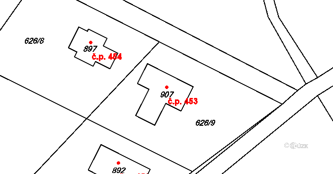Lučina 453 na parcele st. 907 v KÚ Lučina, Katastrální mapa