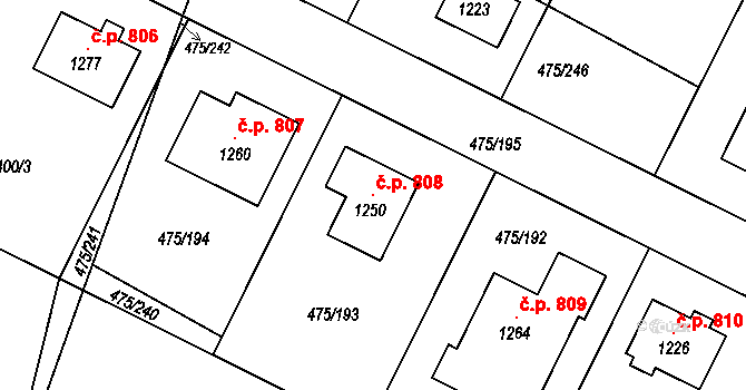 Dolní Bousov 808 na parcele st. 1250 v KÚ Dolní Bousov, Katastrální mapa