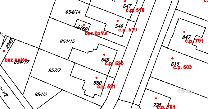 Bystřice pod Hostýnem 520 na parcele st. 549 v KÚ Bystřice pod Hostýnem, Katastrální mapa