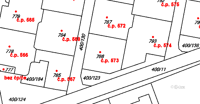 Horoměřice 573 na parcele st. 786 v KÚ Horoměřice, Katastrální mapa