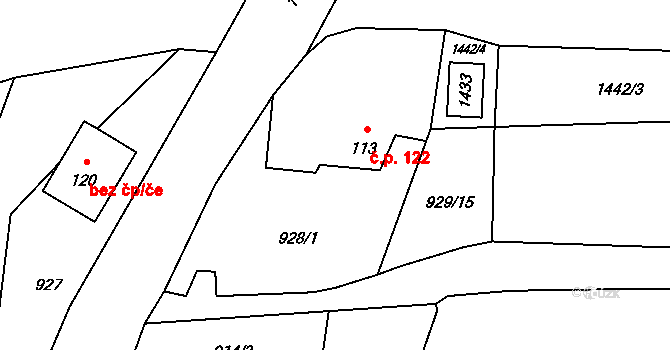 Láryšov 122, Býkov-Láryšov na parcele st. 113 v KÚ Býkov, Katastrální mapa