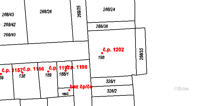 Švermov 1202, Kladno na parcele st. 198 v KÚ Hnidousy, Katastrální mapa