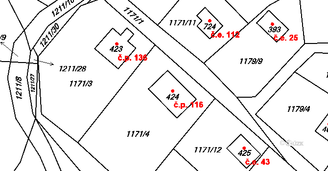 Vyšní Lhoty 116 na parcele st. 424 v KÚ Vyšní Lhoty, Katastrální mapa