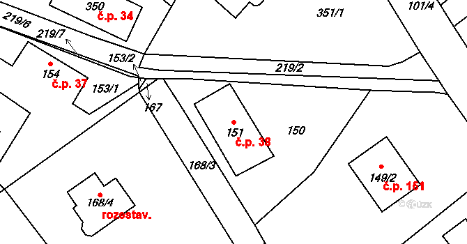 Lhotka 38 na parcele st. 151 v KÚ Lhotka u Hořovic, Katastrální mapa