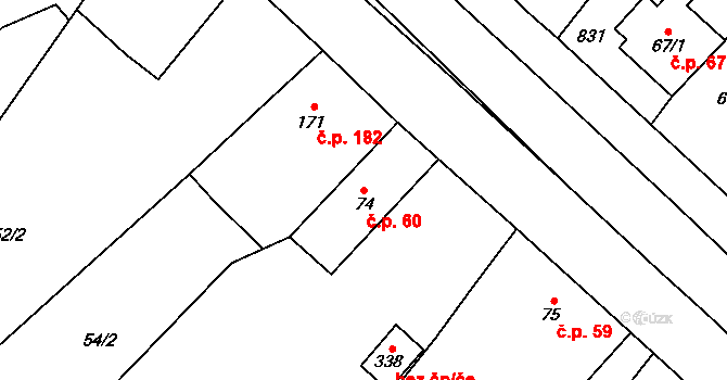 Stěžery 60 na parcele st. 74 v KÚ Stěžery, Katastrální mapa