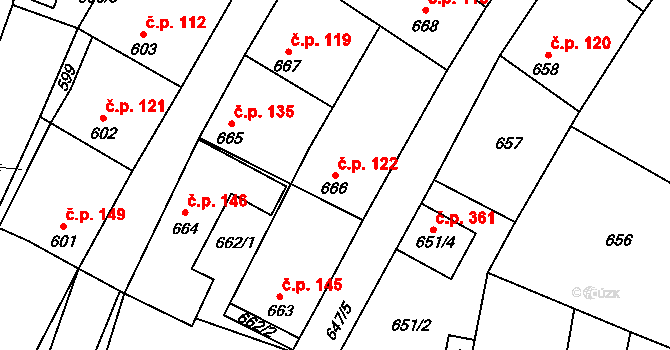 Semice 122 na parcele st. 666 v KÚ Semice nad Labem, Katastrální mapa
