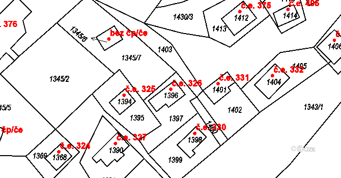 Miřetice u Klášterce nad Ohří 326, Klášterec nad Ohří na parcele st. 1396 v KÚ Miřetice u Klášterce nad Ohří, Katastrální mapa