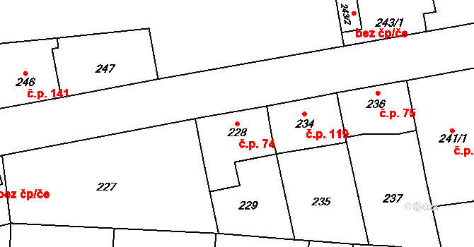Veleslavín 74, Praha na parcele st. 228 v KÚ Veleslavín, Katastrální mapa
