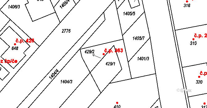 Krumvíř 363 na parcele st. 429/1 v KÚ Krumvíř, Katastrální mapa