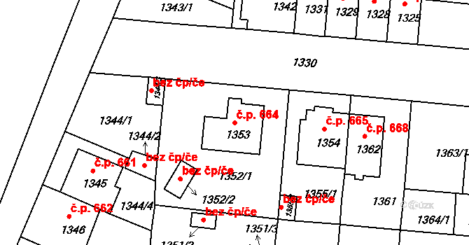 České Budějovice 6 664, České Budějovice na parcele st. 1353 v KÚ České Budějovice 6, Katastrální mapa