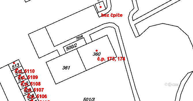 Lhotka 173,174, Česká Třebová na parcele st. 360 v KÚ Lhotka u České Třebové, Katastrální mapa