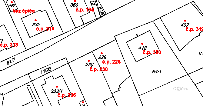 Veltruby 228 na parcele st. 228 v KÚ Veltruby, Katastrální mapa