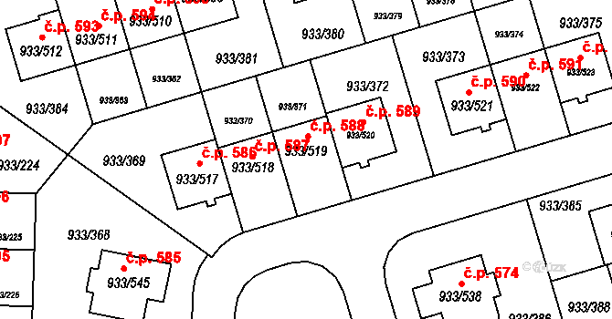 Satalice 588, Praha na parcele st. 933/519 v KÚ Satalice, Katastrální mapa