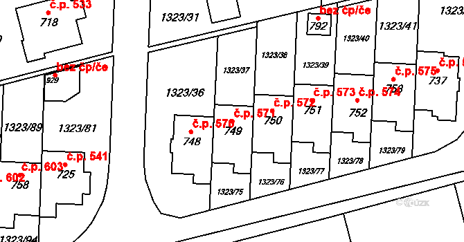 Kostelec 571, Zlín na parcele st. 749 v KÚ Kostelec u Zlína, Katastrální mapa