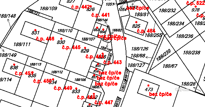 Věkoše 443, Hradec Králové na parcele st. 828 v KÚ Věkoše, Katastrální mapa