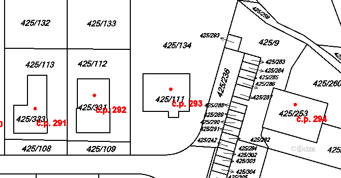 Kanice 293 na parcele st. 425/111 v KÚ Kanice, Katastrální mapa