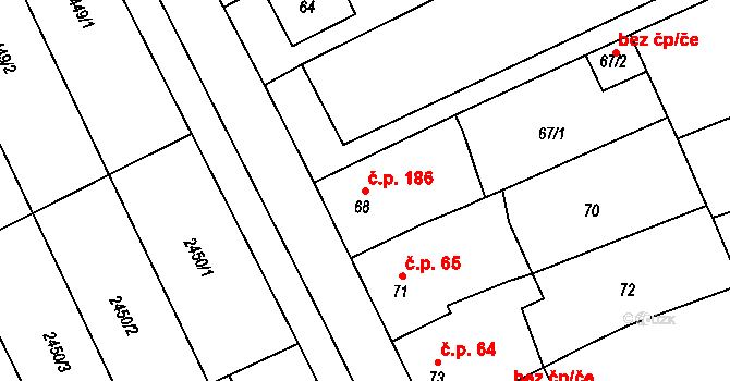 Mořice 186 na parcele st. 68 v KÚ Mořice, Katastrální mapa