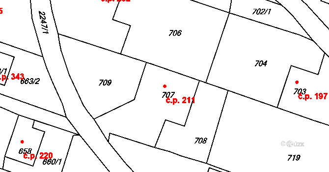 Krásné Pole 211, Ostrava na parcele st. 707 v KÚ Krásné Pole, Katastrální mapa