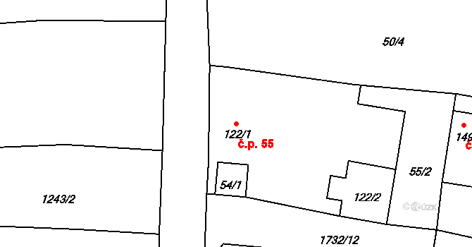 Dražíč 55 na parcele st. 122/1 v KÚ Dražíč, Katastrální mapa
