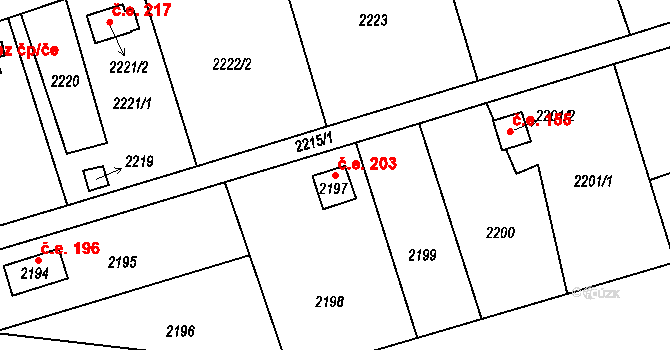 Lužice 203 na parcele st. 2197 v KÚ Lužice u Hodonína, Katastrální mapa