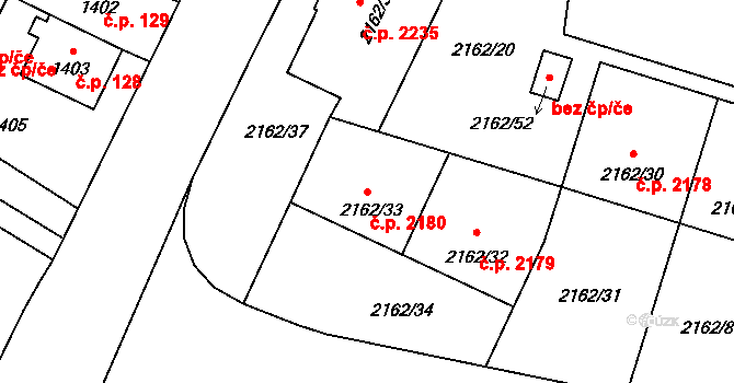 Předměstí 2180, Opava na parcele st. 2162/33 v KÚ Opava-Předměstí, Katastrální mapa