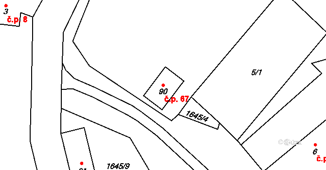 Kojšovice 67, Toužim na parcele st. 90 v KÚ Kojšovice, Katastrální mapa