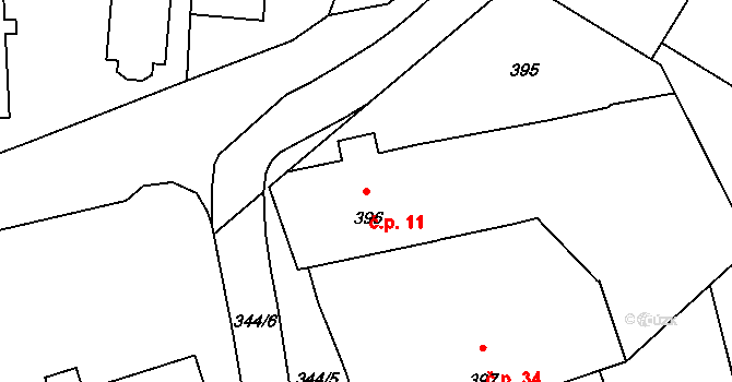 Průhonice 11 na parcele st. 396 v KÚ Průhonice, Katastrální mapa
