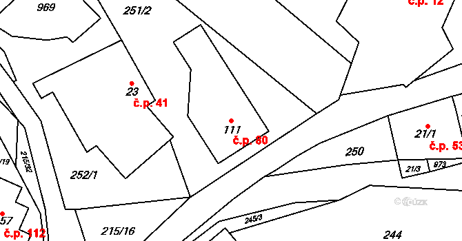 Prostřední Poříčí 80 na parcele st. 111 v KÚ Prostřední Poříčí, Katastrální mapa