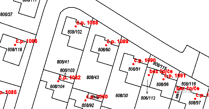 Srubec 1089 na parcele st. 808/90 v KÚ Srubec, Katastrální mapa