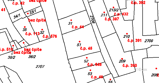 Dobruška 45 na parcele st. 51 v KÚ Dobruška, Katastrální mapa