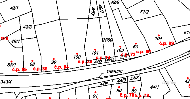Jestřabice 74, Koryčany na parcele st. 101 v KÚ Jestřabice, Katastrální mapa