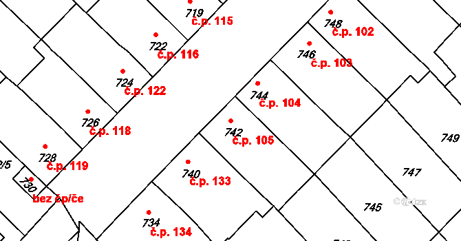 Bedihošť 105 na parcele st. 742 v KÚ Bedihošť, Katastrální mapa
