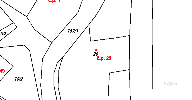 Chmeliště 22, Vavřinec na parcele st. 28 v KÚ Chmeliště, Katastrální mapa