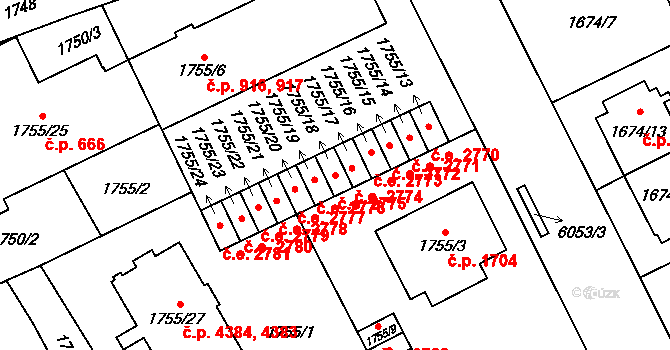 Jihlava 2775 na parcele st. 1755/18 v KÚ Jihlava, Katastrální mapa