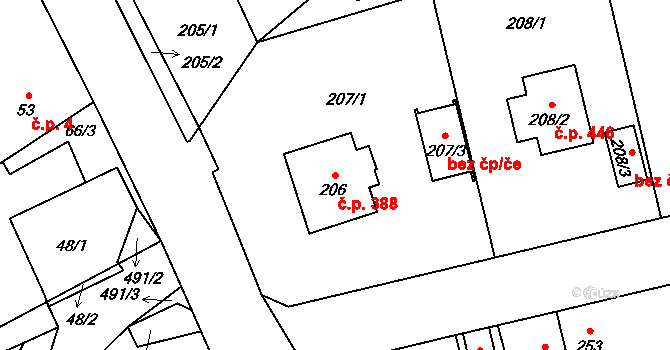 Hřebeč 388 na parcele st. 206 v KÚ Hřebeč, Katastrální mapa
