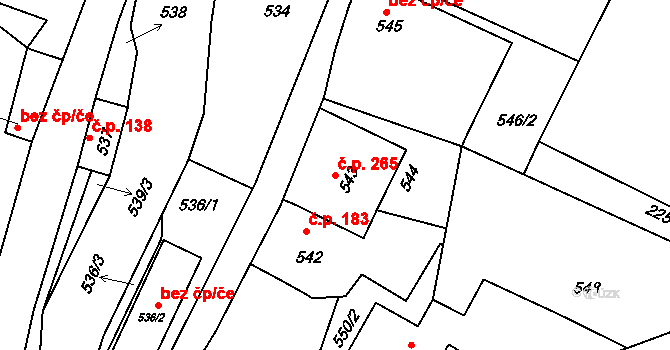 Ondřejovice 265, Zlaté Hory na parcele st. 543 v KÚ Ondřejovice v Jeseníkách, Katastrální mapa