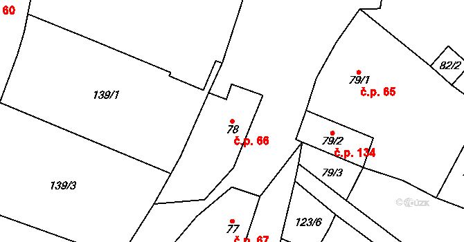 Běchary 66 na parcele st. 78 v KÚ Běchary, Katastrální mapa