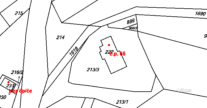 Bělá 65 na parcele st. 222 v KÚ Bělá u Staré Paky, Katastrální mapa