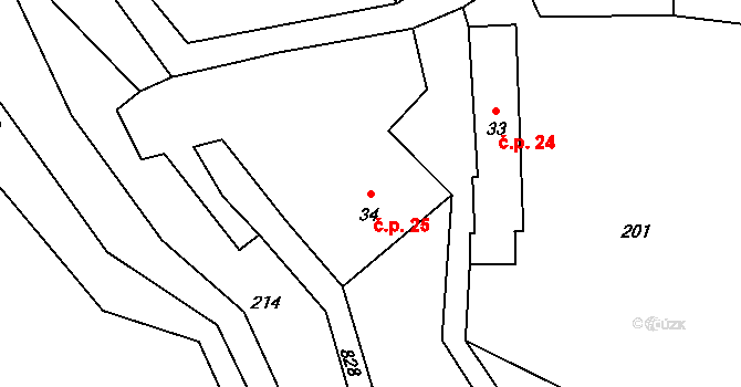 Žár 25, Vacov na parcele st. 34 v KÚ Žár u Čkyně, Katastrální mapa