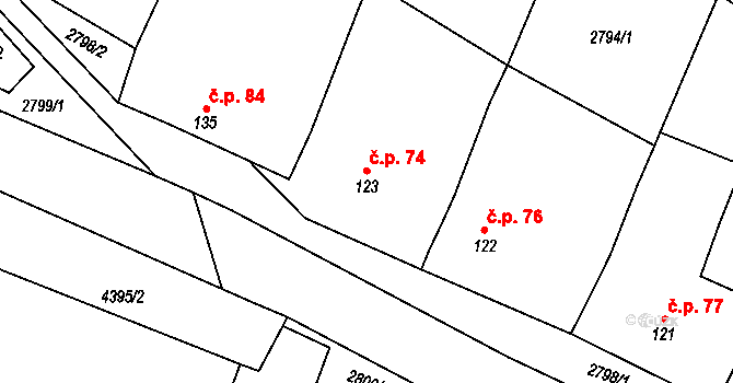 Senorady 74 na parcele st. 123 v KÚ Senorady, Katastrální mapa