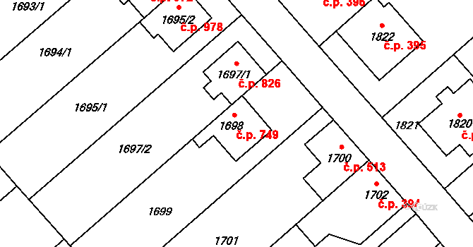 Chodov 749, Praha na parcele st. 1698 v KÚ Chodov, Katastrální mapa