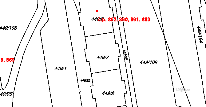 Háje 860,861,862,863, Praha na parcele st. 449/7 v KÚ Háje, Katastrální mapa