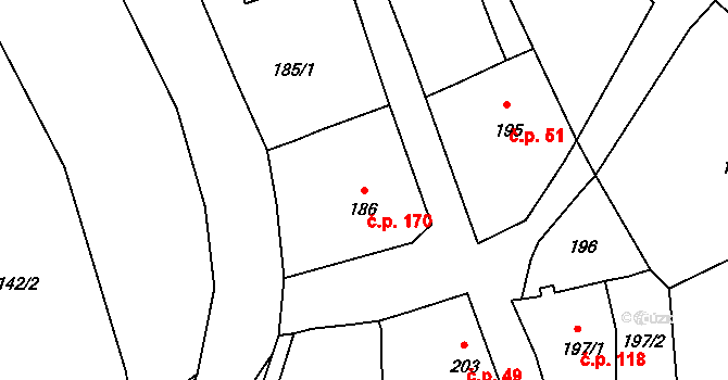 Dolní Libchava 170, Česká Lípa na parcele st. 186 v KÚ Dolní Libchava, Katastrální mapa